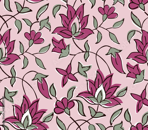 BEAUTIFUL HAND DRAWN BLOCK PRINT KALAMKARI STYLE SEAMLESS FLORAL