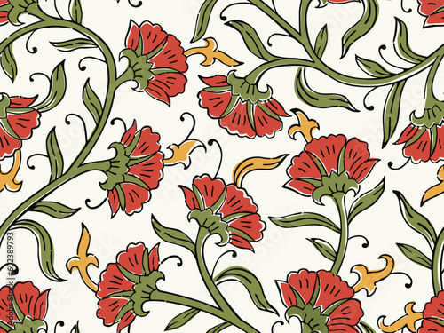 BEAUTIFUL HAND DRAWN BLOCK PRINT KALAMKARI STYLE SEAMLESS FLORAL ALL OVER PRINT