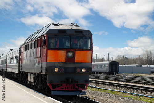Syktyvkar, Komi, Russia, May 14, 2023,Passenger train on the platform. photo