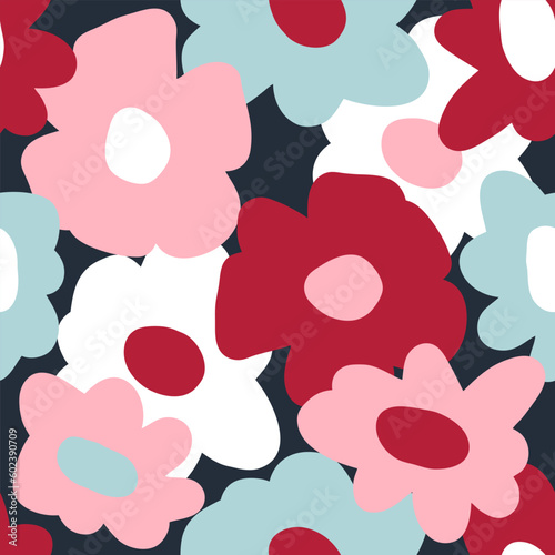 Simple hand drawn flowers seamless pattern in 1960 style. Perfect print for tee, paper, textile and fabric. Summer vector illustration for decor and design.
