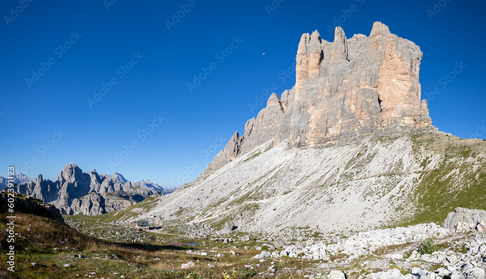 View of the refuge Lavaredo and the Tre Cime di Lavaredo, Dolomites, Italy