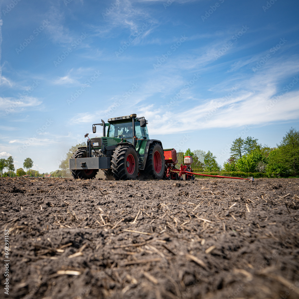 Grüner Trecker mit einer Maislegemaschine auf einen Feld, aus der Froschperspektive aufgenommen. Grüner Trecker mit einer Maislegemaschine auf einen Feld, aus der Froschperspektive aufgenommen.