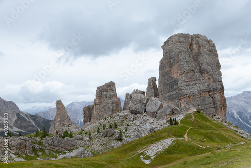 View of Cinque Torri from refuge Scoiattoli, Dolomites, Italy photo