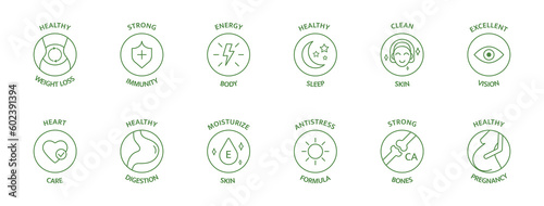 Organic, bio, vegan product line icon set. Healthy food supplement. Natural health vitamins, probiotics label for packaging. Detox diet badges. Nutrition sign. Clean skin. Vector illustration
