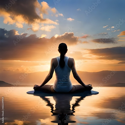 Woman Sitting in Lotus Pose Yoga Meditation on the Edge of Swimming Pool at morning