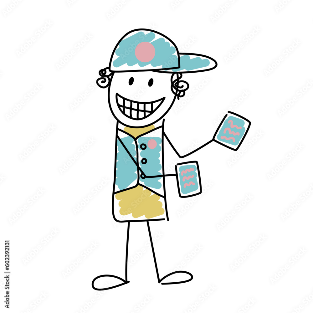 Funny cartoon doodle simple character in uniform handing out flyers