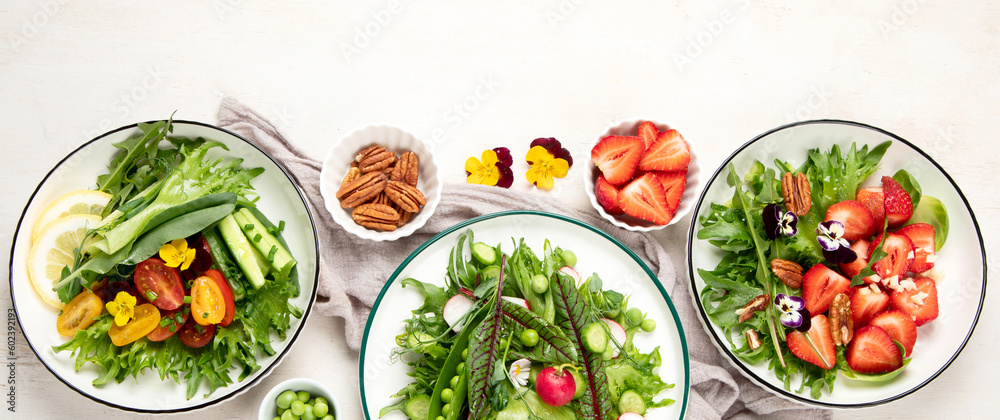 Various of spring vegetable salads. Tasty healthy food.