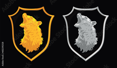 Heraldic shield with bears. Golden & silver bear growling. Isolated vector. Concept art. Logo.