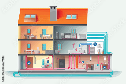 Cross-section of a house with a heat pump, pipes from the ground floor to the upper floor with underfloor heating, icons. Vector graphic