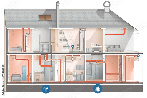 Cross-section of a house with a heat pump, pipes from the ground floor to the upper floor with underfloor heating, icons. Vector graphic
