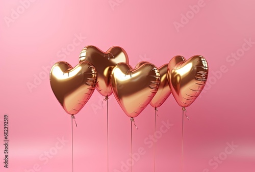 six shiny gold ballons that form hearts on a pink background, generative ai