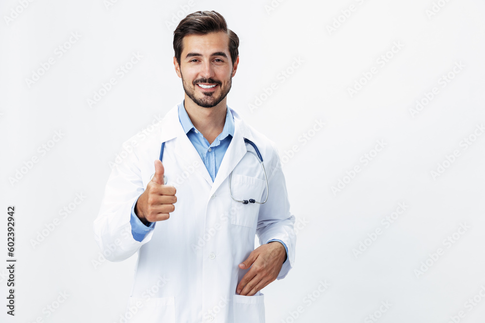 Man doctor in a white coat with a stethoscope smile with teeth and good test results looking into the camera on a white isolated background, copy space, space for text, health Man doctor in a white coat with a stethoscope smile with teeth and good test results looking into the camera on a white isolated background, copy space, space for text, health