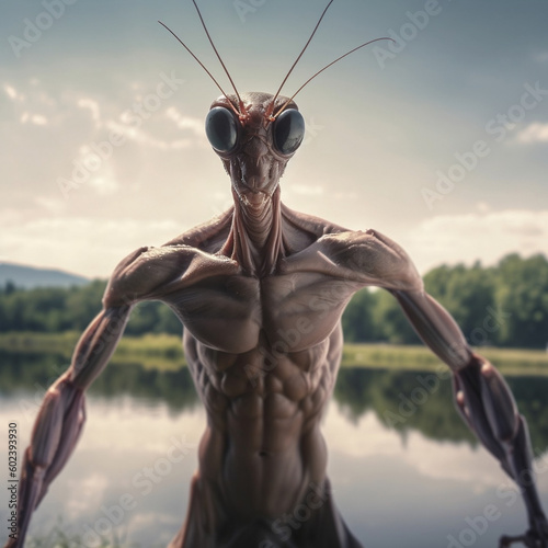 Generative ai: Mantis Man is part human, part preying mantis insect (ID: 602393930)