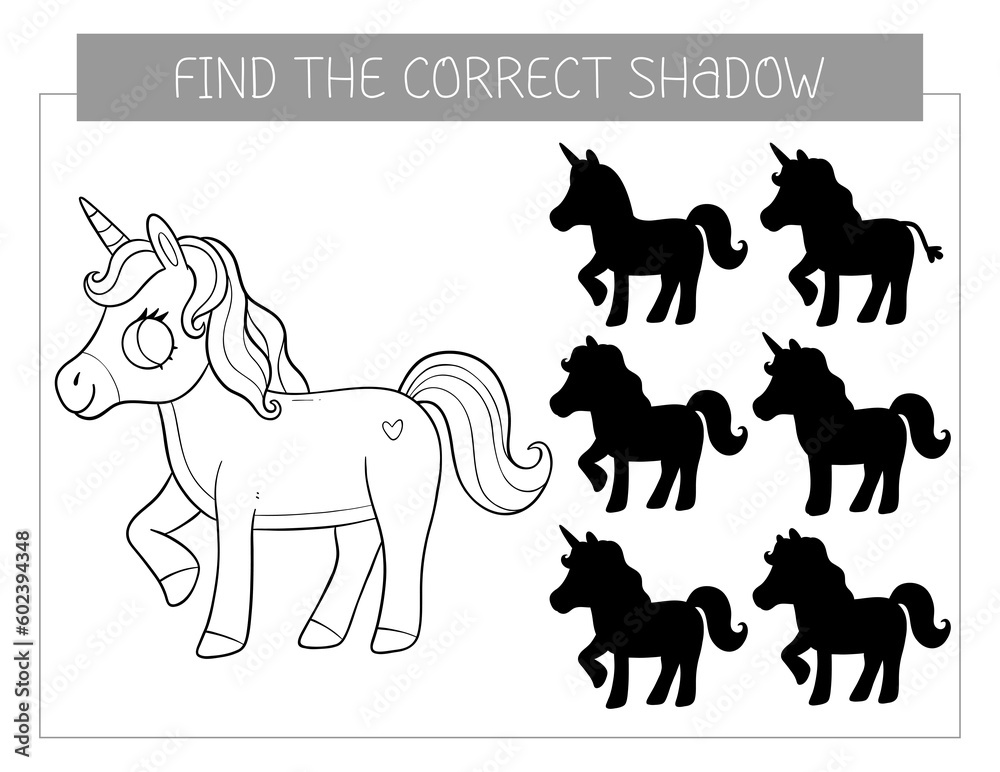 Find the correct shadow coloring book with unicorn. Coloring page educational game for kids. Cute cartoon horse unicorn. Shadow matching game.