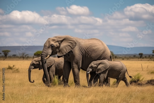 African Elephants family walking in the Savanna park, Animal wildlife habitat in the nature forest, beautiful of life, massive body part, largest mammal, with Generative AI.