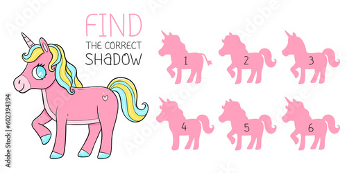Find the correct shadow game with horse unicorn. Educational game for children. Cute cartoon unicorn. Shadow matching game.