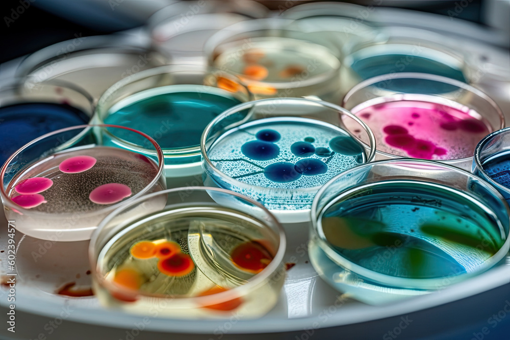 Colorful variety of microorganism inside petri dish plate in laboratory Colorful variety of microorganism inside petri dish plate in laboratory