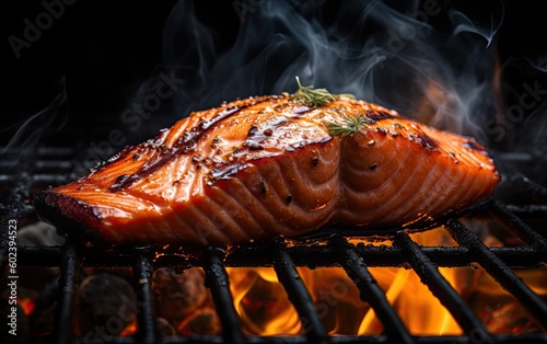 Tasty roasted salmon steak cooking over the grill with flames Generative AI	 photo