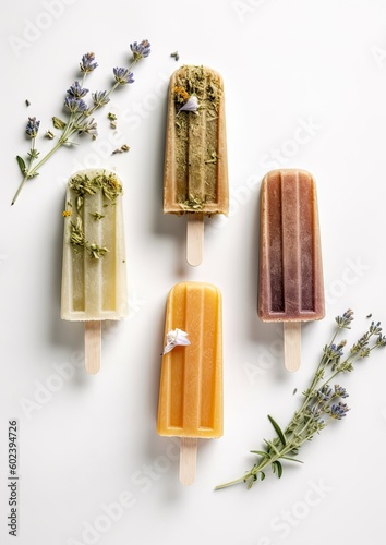 Herbal popsicles and herbal remedies top view isolated on white background Generative AI