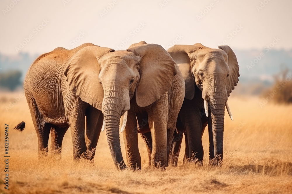 Obraz premium African Elephants family walking in the Savanna park, Animal wildlife habitat in the nature forest, beautiful of life, massive body part, largest mammal, with Generative AI.