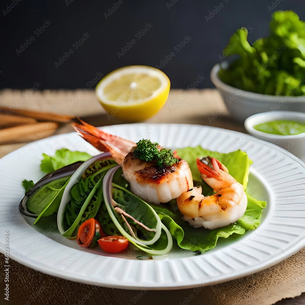 A plate of succulent grilled shrimp, seasoned to perfection with garlic and herbs, arranged on a bed of crisp lettuce and sliced lemon A plate of succulent grilled shrimp, seasoned to perfection with garlic and herbs, arranged on a bed of crisp lettuce and sliced lemon