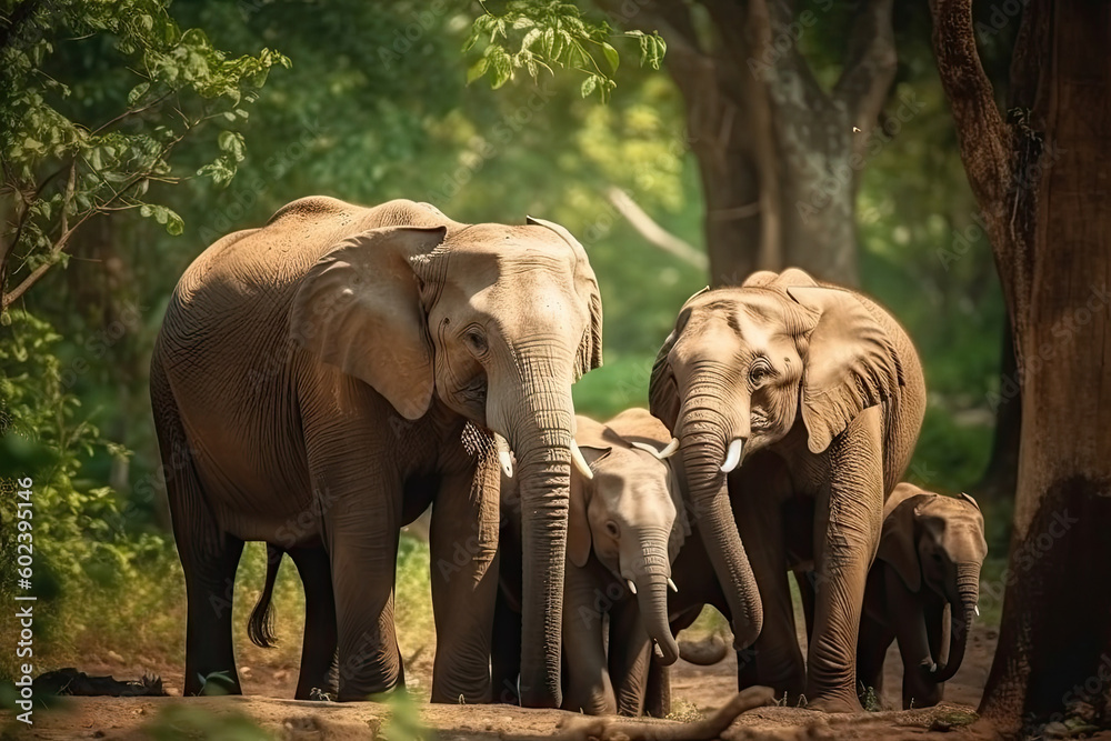 Fototapeta Asia Elephants family walking in the natural park, Animal wildlife habitat in the nature forest, beautiful of life, massive body part, largest mammal, with Generative AI.
