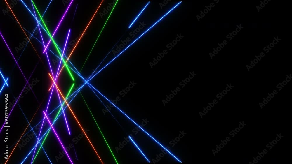 Abstract neon glowing lines on dark background. Rainbow colours laser beams. Modern geometric stripes line art design in retro style. Seamless loop video animation 4K Abstract neon glowing lines on dark background. Rainbow colours laser beams. Modern geometric stripes line art design in retro style. Seamless loop video animation 4K