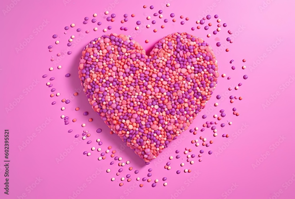 small heart in pink on a pink background of various sprinkles, generative ai