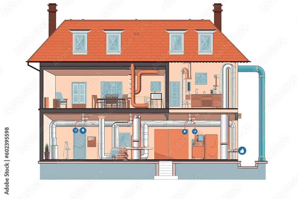 Cross-section of a house with a heat pump, pipes from the ground floor to the upper floor with underfloor heating, icons. Vector graphic