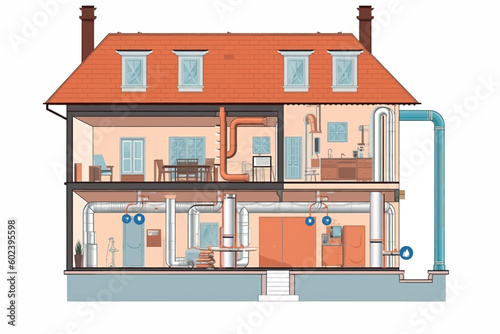 Cross-section of a house with a heat pump, pipes from the ground floor to the upper floor with underfloor heating, icons. Vector graphic