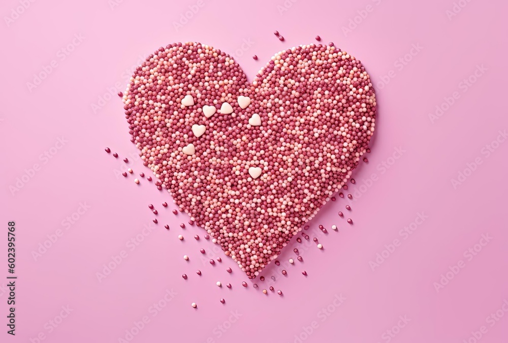 small heart in pink on a pink background of various sprinkles, generative ai