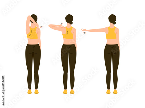 Woman demonstrates how to do shoulder exercise - arm makes a movement from one shoulder to the other. Vector flat illustration isolated on white background