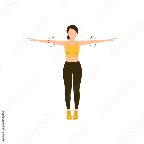 Woman demonstrates how to do shoulder and arm rotation. Female exercise with arm circle posture for warm up. Vector flat illustration isolated on white background. 