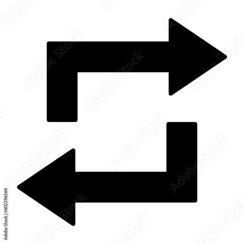 Black single square replay / reload icon, simple digital 2 way direction arrows flat design interface concept elements, app ui ux web button logo, graphic pictogram isolated on white background