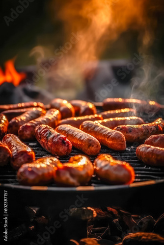 Appetitive grilled sausage on the flaming grill. Delicious crisp sausages. Space for text. Generative AI