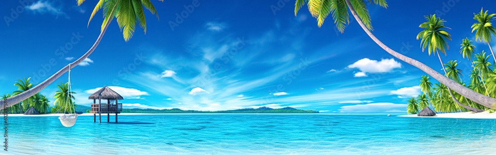 Fototapeta premium Summer relax landscape with beach swing or hammock and white sand and calm sea. Tropical beach background, exotic fantasy landscapes. Luxury Vacation and summer holiday concept. wide panorama