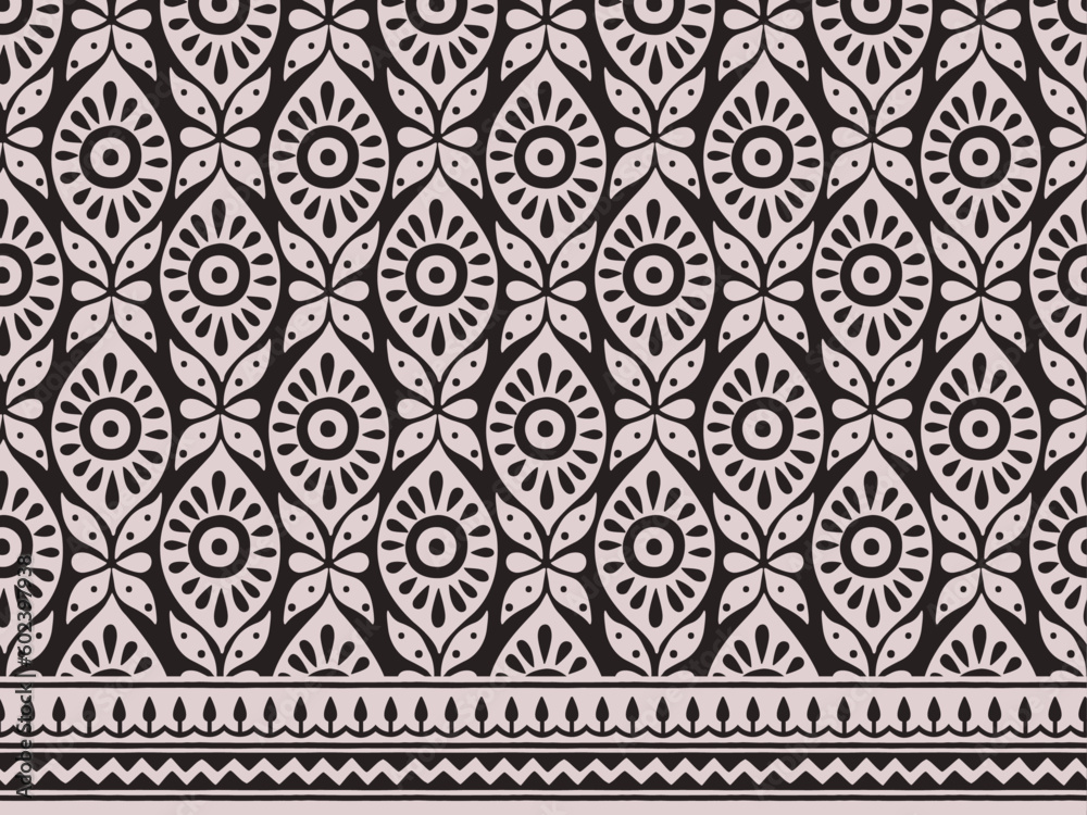 FRACTAL ART DESIGN MONOCHROME ABSTRACT TILE BLOCK PRINT SEAMLESS PATTERN WITH BORDER IN VECTOR