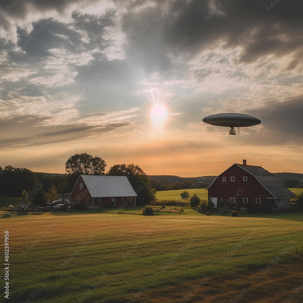 Extraterrestrial Encounters: A UFO Hovers Above a Tranquil Country Farm. Illustration, AI generative using Midjourney. - obrazy, fototapety, plakaty 