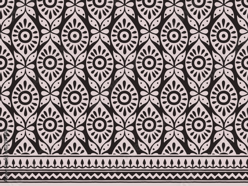 FRACTAL ART DESIGN MONOCHROME ABSTRACT TILE BLOCK PRINT SEAMLESS PATTERN WITH BORDER IN VECTOR