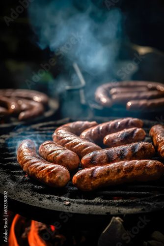 Appetitive grilled sausage on the flaming grill. Delicious crisp sausages. Space for text. Generative AI