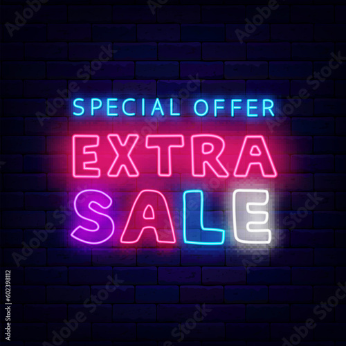 Extra Sale neon label. Great discount marketing on brick wall. Special offer. Shopping design. Vector illustration