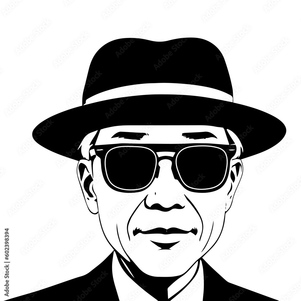 Vector illustration of a black and white portrait of a man in a hat and sunglasses.