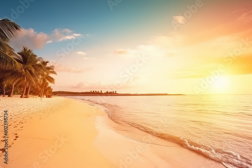 Summer vacation, tropical beach with blue sky and sea for relaxation, panoramic beach background, summer holiday with beautiful nature sand, sunlight, ocean water with Generative AI.