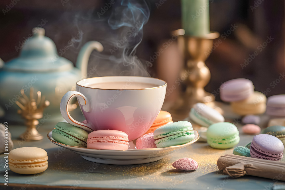 Macarons with Cup of tea. Ai generated Macarons with Cup of tea. Ai generated