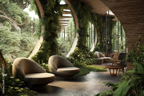 Biophilic interior design with natural harmony covered in plants and wooden furniture. Generative AI