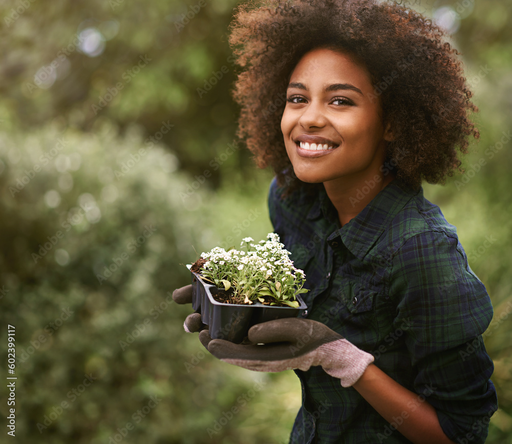 Black woman in garden, plant and smile in portrait, botany mockup and environment with young gardener and flowers. Happy female person is outdoor with green fingers, growth and plants with gardening - obrazy, fototapety, plakaty 