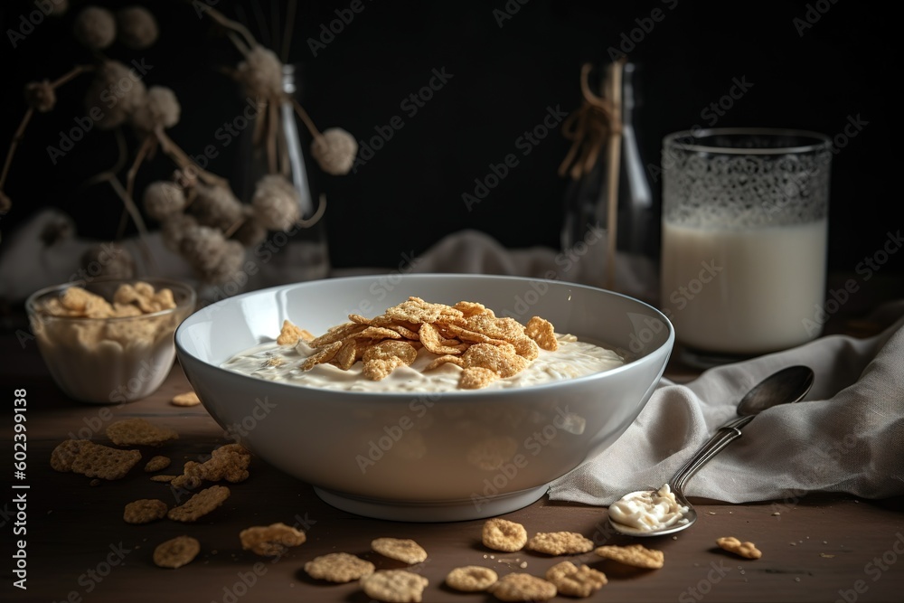 Nutritious bowl of cereals with yoghurt. Studio shot background. Generative AI Nutritious bowl of cereals with yoghurt. Studio shot background. Generative AI
