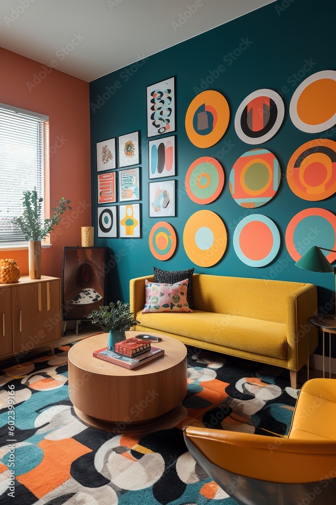 Home interior living room with colorful vintage art deco. Generative AI vertical shot