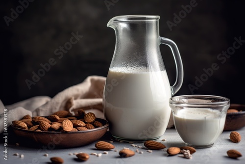 Fresh almond milk on a jar. Studio shot, gourmet food photography. Generative AI