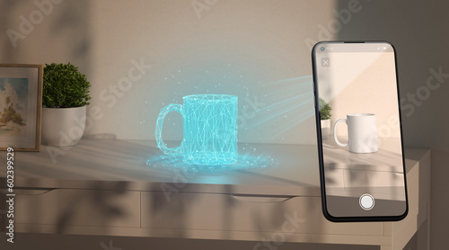 White mug hologram stand on table phone display augmented reality